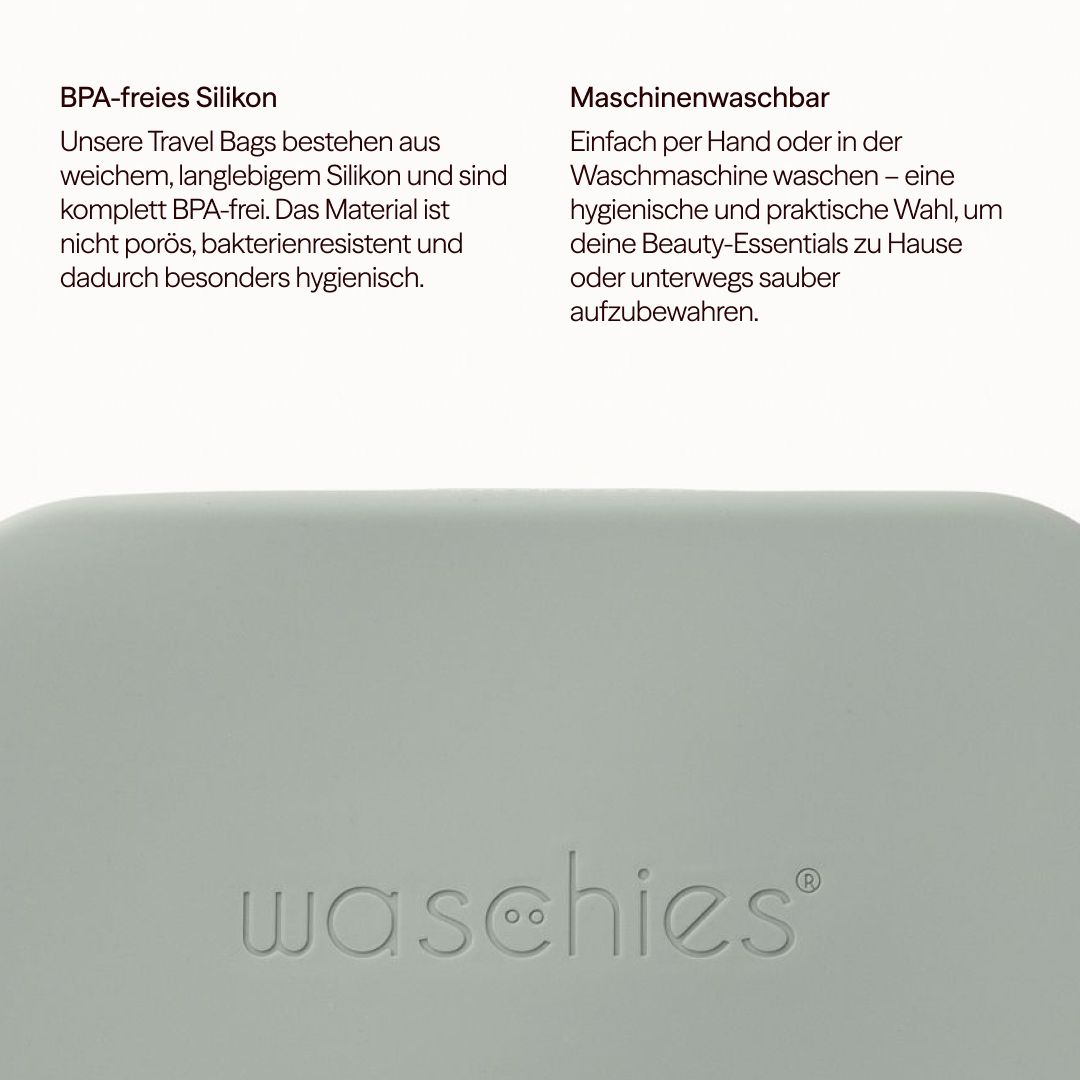 Beauty Bag grigio chiaro con logo in rilievo. Testo: silicone senza BPA, lavabile in lavatrice. Descrizione del prodotto.