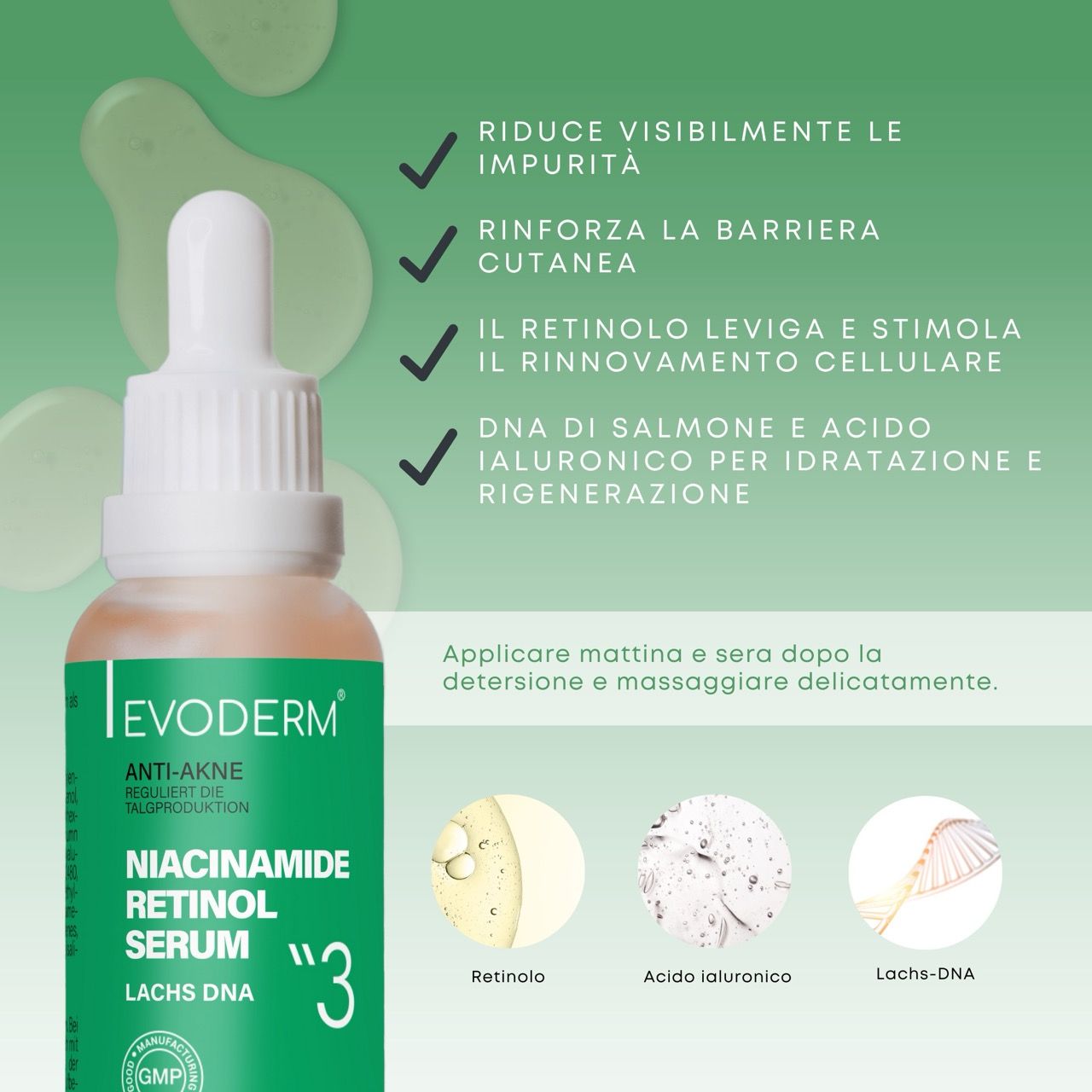 Tre prodotti: gel, tonico e siero. Donna sullo sfondo. Testo: Linea di cura anti-acne. Dermatologicamente testato.