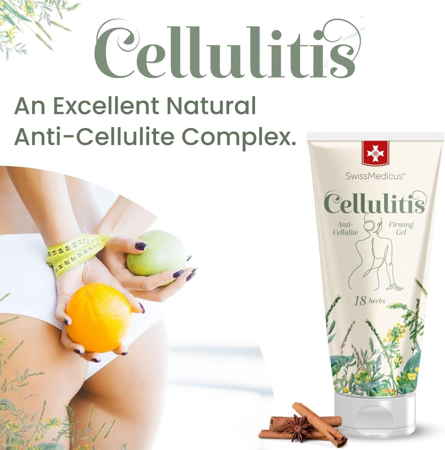 Tubo di crema SwissMedicus Cellulitis. Donna con mela e arancia. Testo: Ottimo complesso anticellulite naturale.
