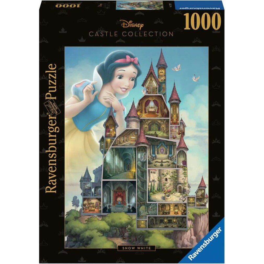 Scatola puzzle Disney Castle Collection, 1000 pezzi, Biancaneve e castello. Logo Ravensburger.