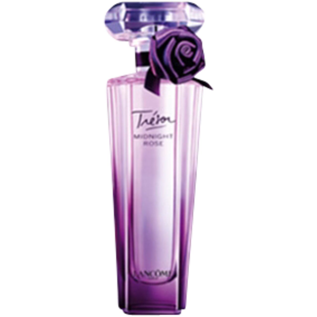 Flacone di profumo sfumato rosa e viola. Scritta "Trésor Midnight Rose". Tappo cristallo e rosa viola.