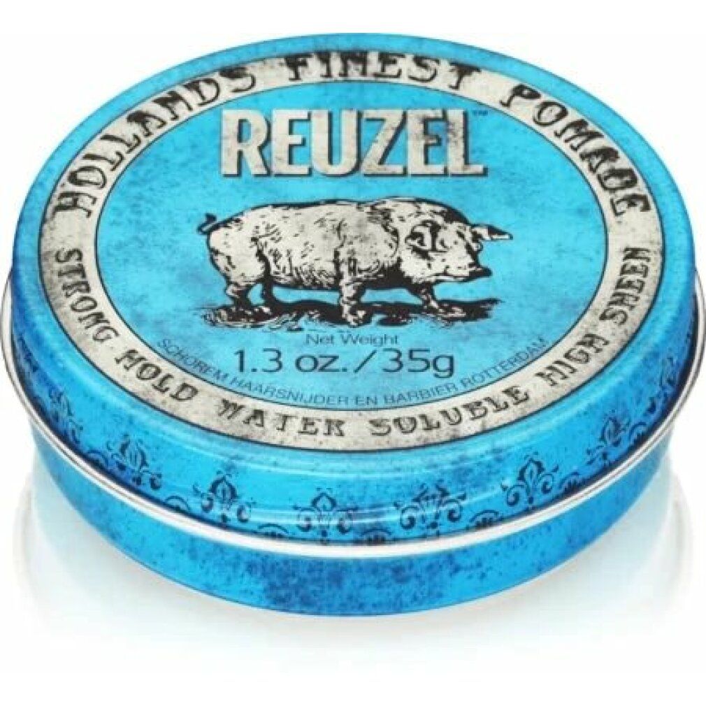 Barattolo rotondo blu con bordo argentato. Scritta: Reuzel, Hollans Finest Pomade. Illustrazione di maiale. 1.3 oz./35g.