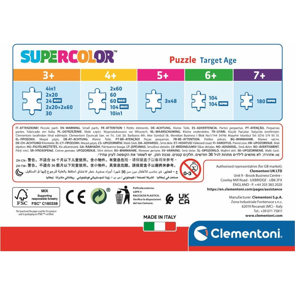 Retro della scatola del puzzle Clementoni. Informazioni sui pezzi, consigli sull'età, simboli di sicurezza e produttore.