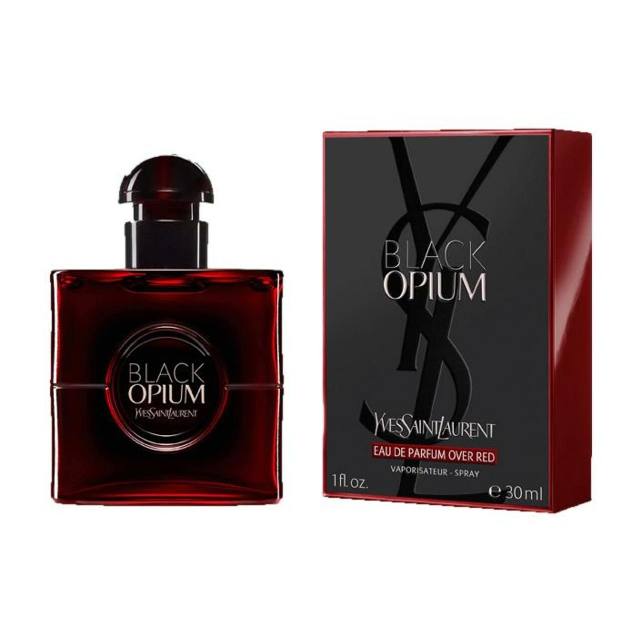 Flacone rosso scuro e confezione. Confezione con logo "BLACK OPIUM" e "Yves Saint Laurent". "Eau de Parfum Over Red".
