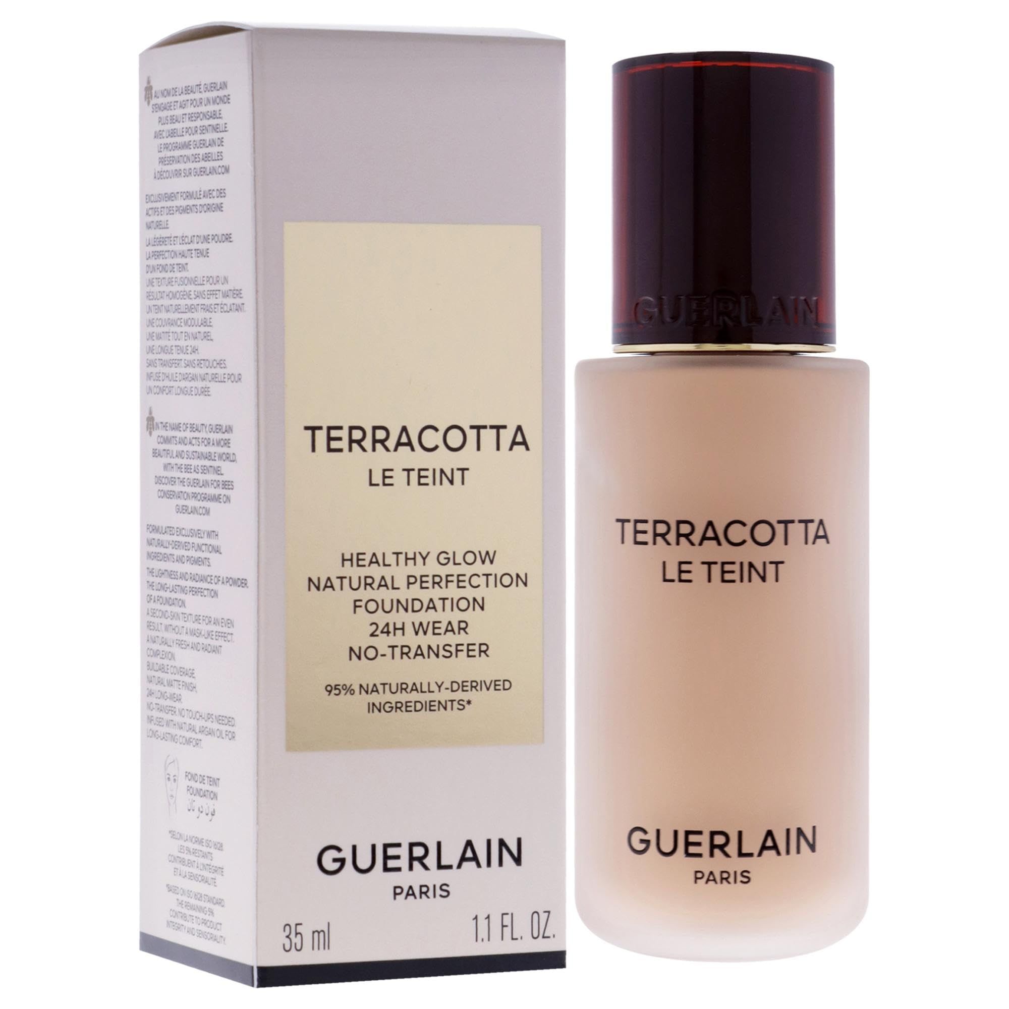 Fondotinta Guerlain Terracotta Le Teint. Flacone e confezione. Testo: Healthy Glow, Natural Perfection, 24H Wear, No-Transfer. 35 ml, 1.1 FL. OZ.