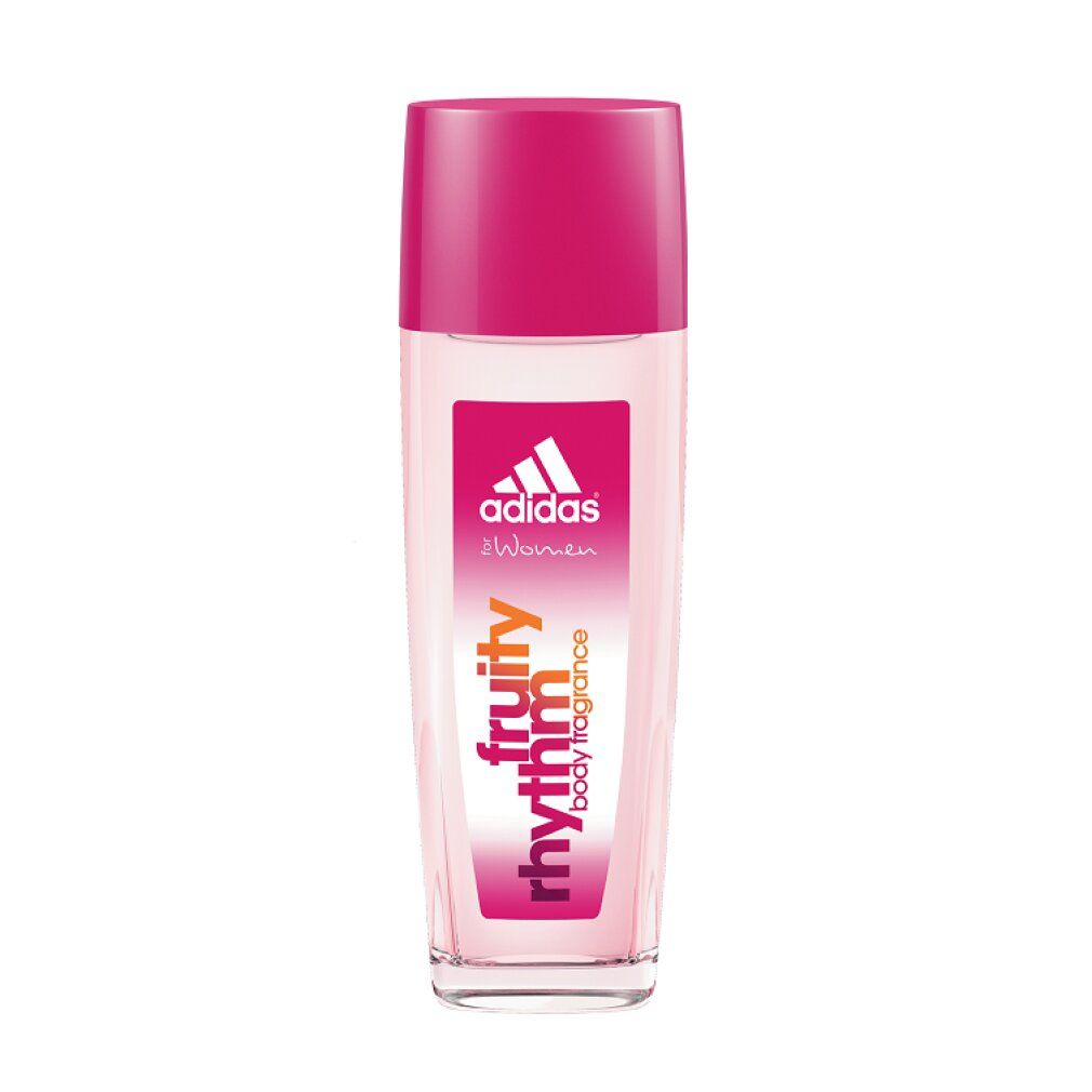 Flacone deodorante con tappo rosa. Etichetta con logo e scritta: fruity rhythm body fragrance.