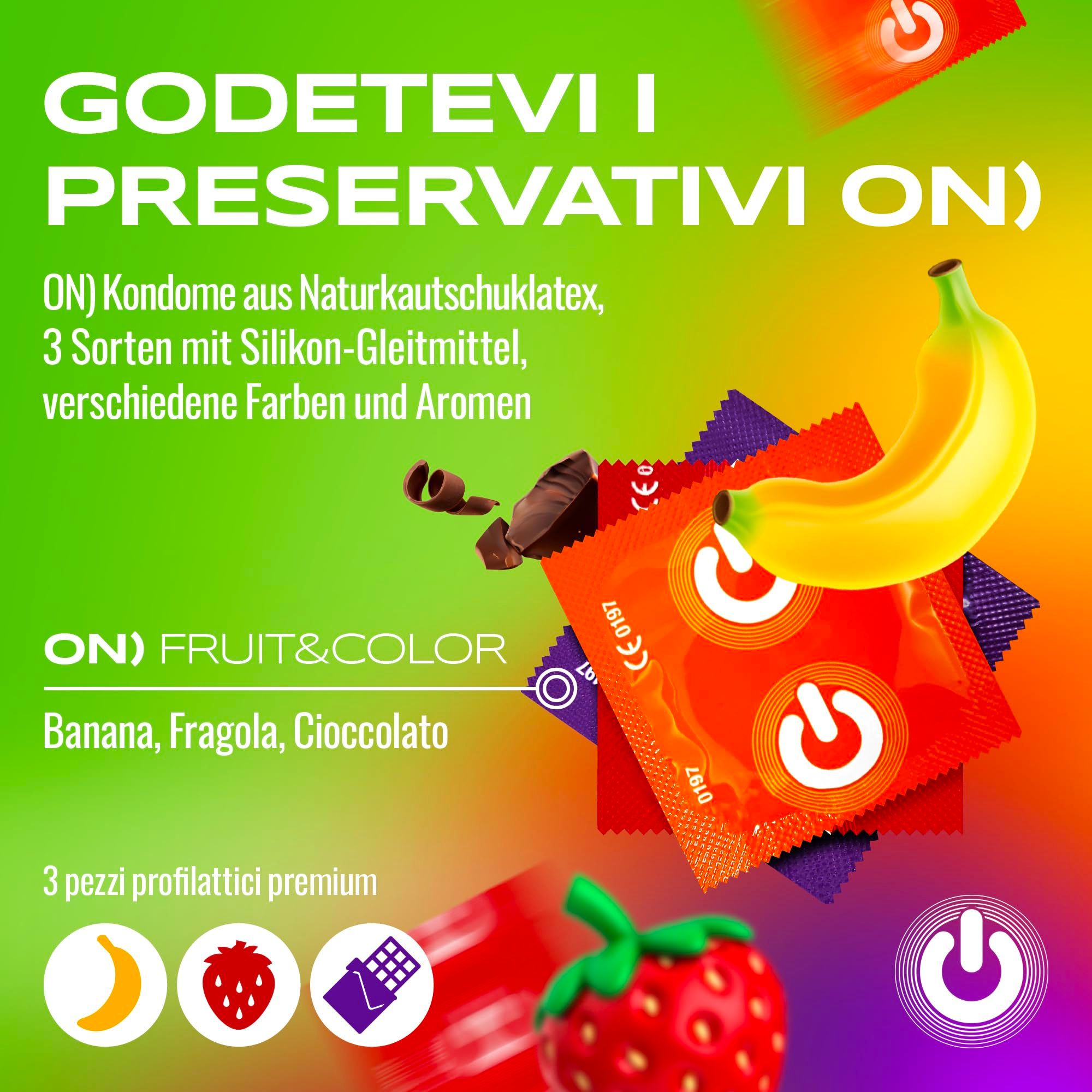 Preservativi ON Fruit & Color: Banana, Fragola, Cioccolato. Tre gusti con lubrificante al silicone.