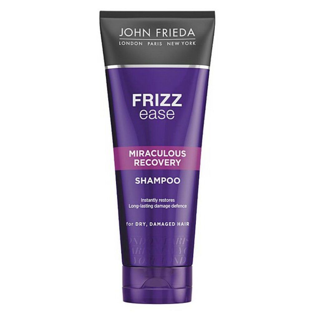 Tubo viola con tappo nero. Scritta: John Frieda, Frizz Ease, Miraculous Recovery Shampoo. Per capelli secchi e danneggiati.