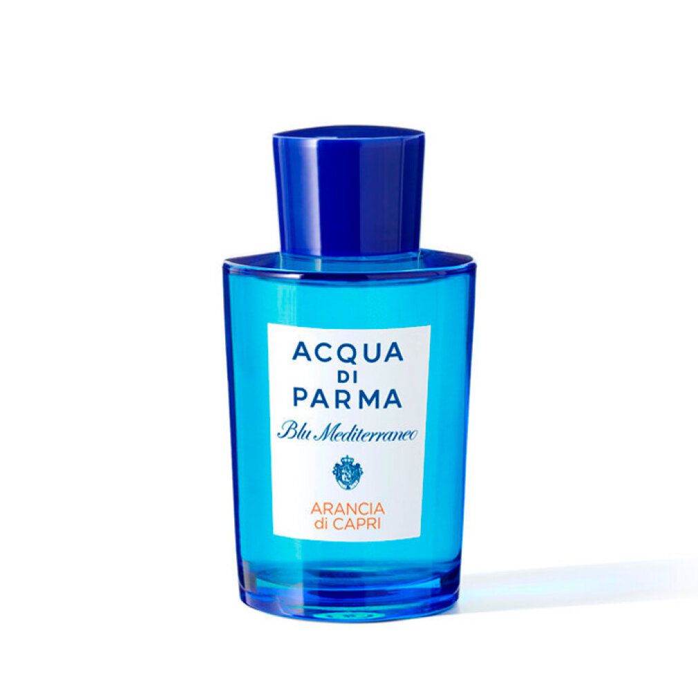 Flacone di profumo blu con etichetta bianca. Scritta: ACQUA DI PARMA Blu Mediterraneo Arancia di Capri.