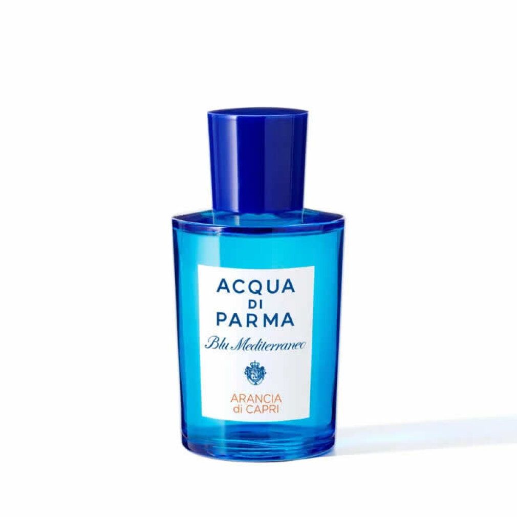 Flacone di profumo blu. Etichetta: ACQUA DI PARMA Blu Mediterraneo Arancia di Capri. Flacone con tappo blu.