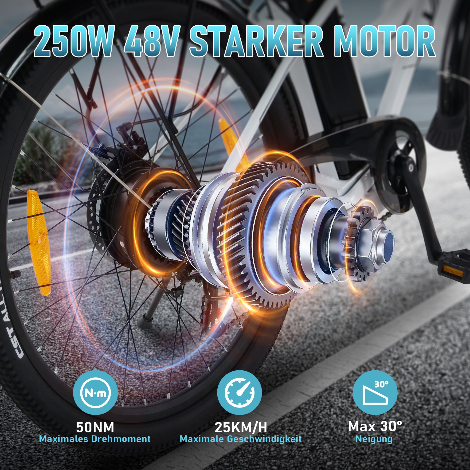 Primo piano della ruota posteriore. Motore potente 250W 48V. Coppia massima 50Nm, velocità massima 25KM/H, inclinazione max. 30°.