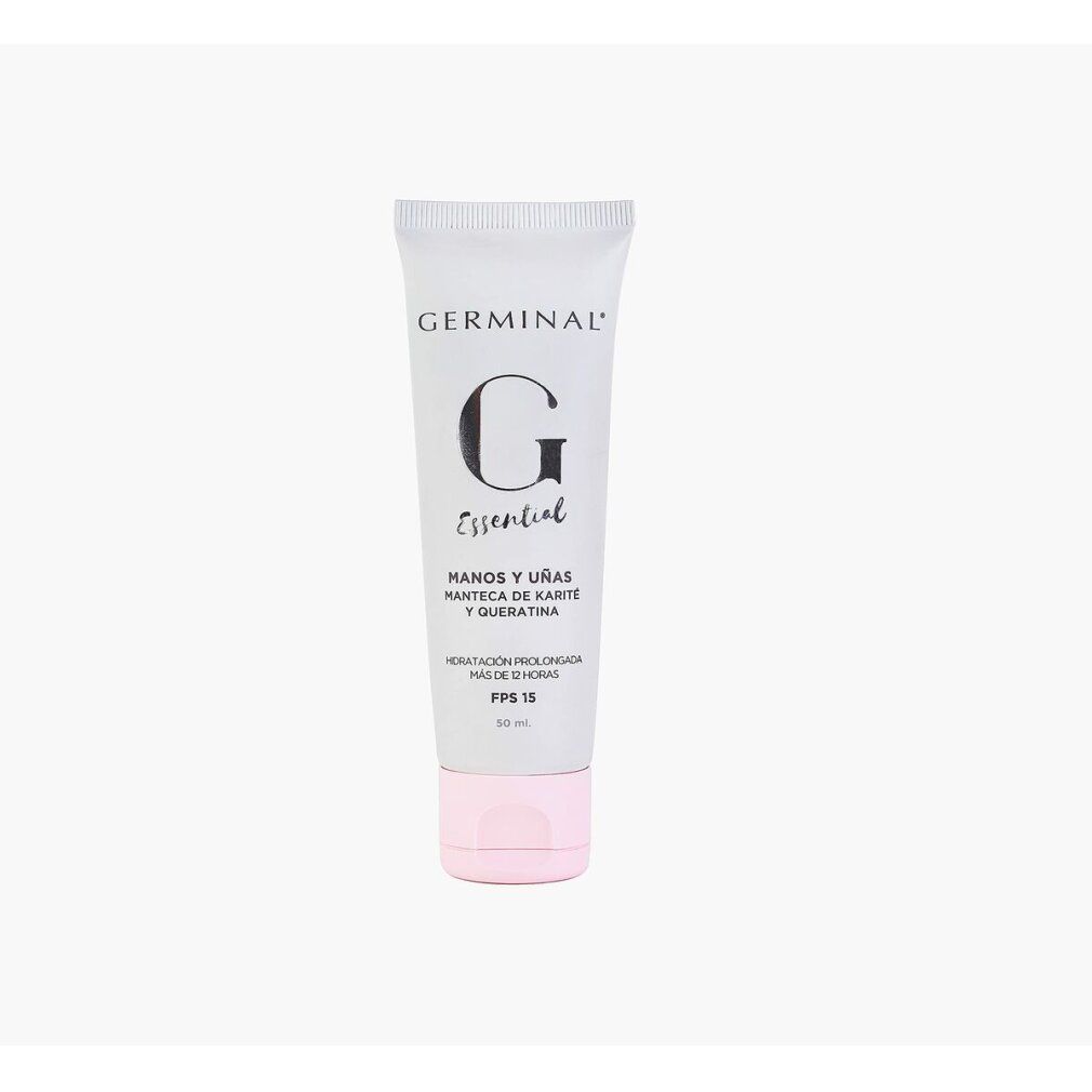 Tubo di crema con tappo rosa. Scritta: Germinal, G Essential, Manos y Uñas, FPS 15.