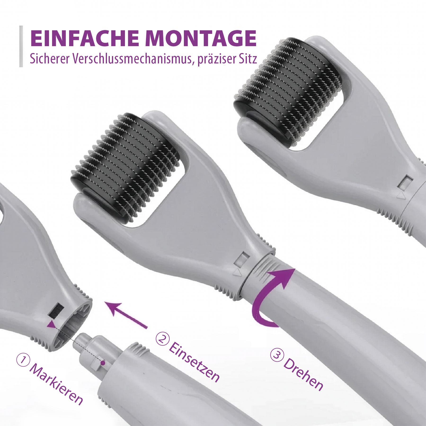 Accessori per microneedling grigi. Montaggio in tre fasi. Testo: Montaggio facile. Meccanismo di chiusura sicuro.