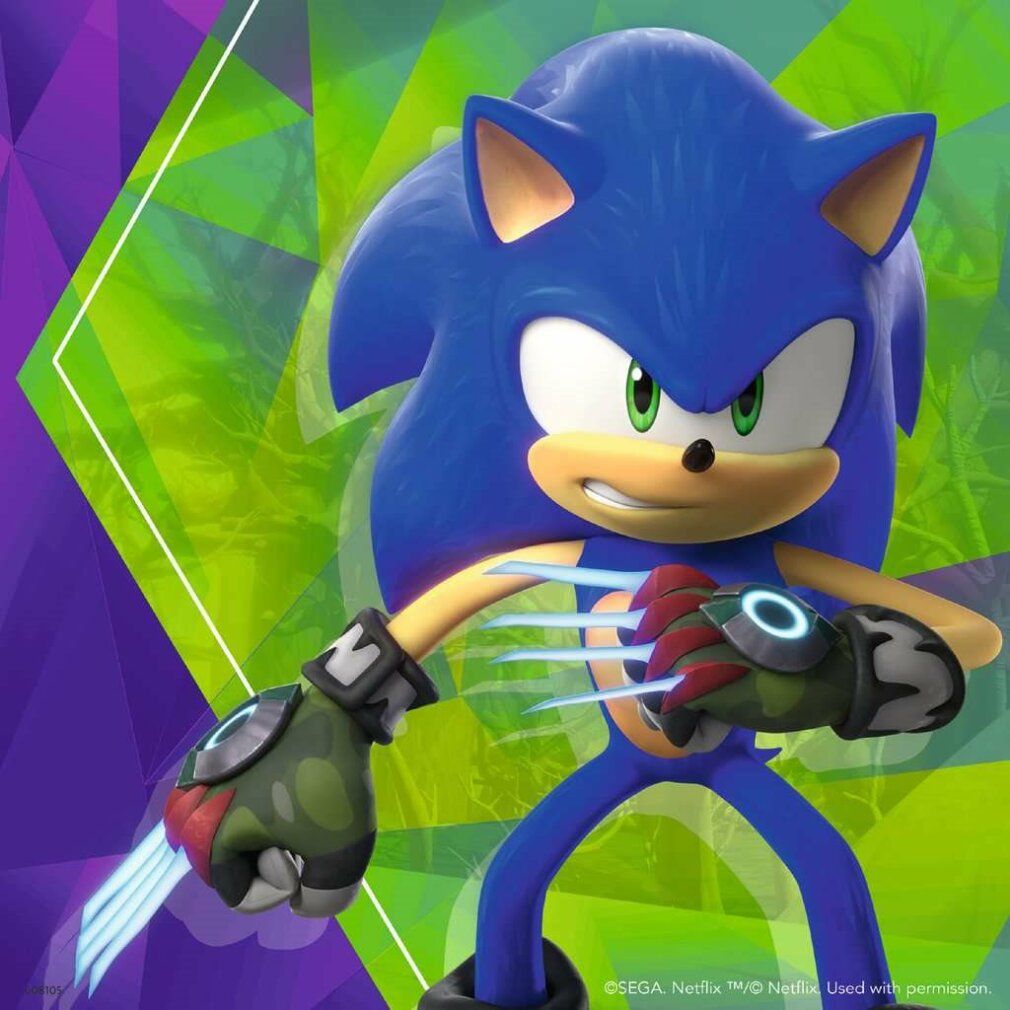 Personaggio di Sonic con aculei blu, indossa guanti e tiene lame blu. Sfondo viola e verde.