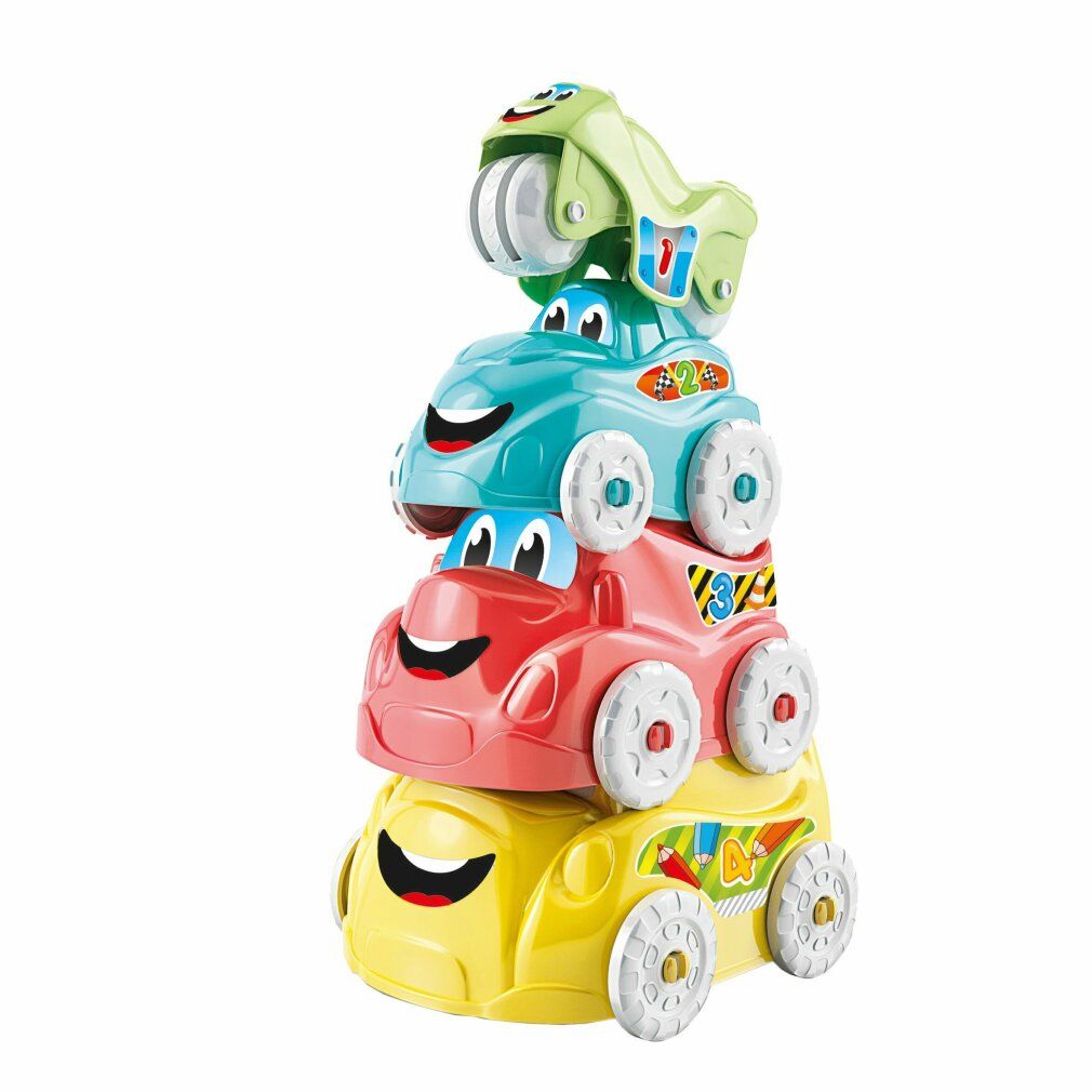 Giocattolo a forma di auto impilabili multicolore. Giallo, rosso, blu e verde. Ogni auto ha ruote e un numero. L'auto in cima ha una testa verde.