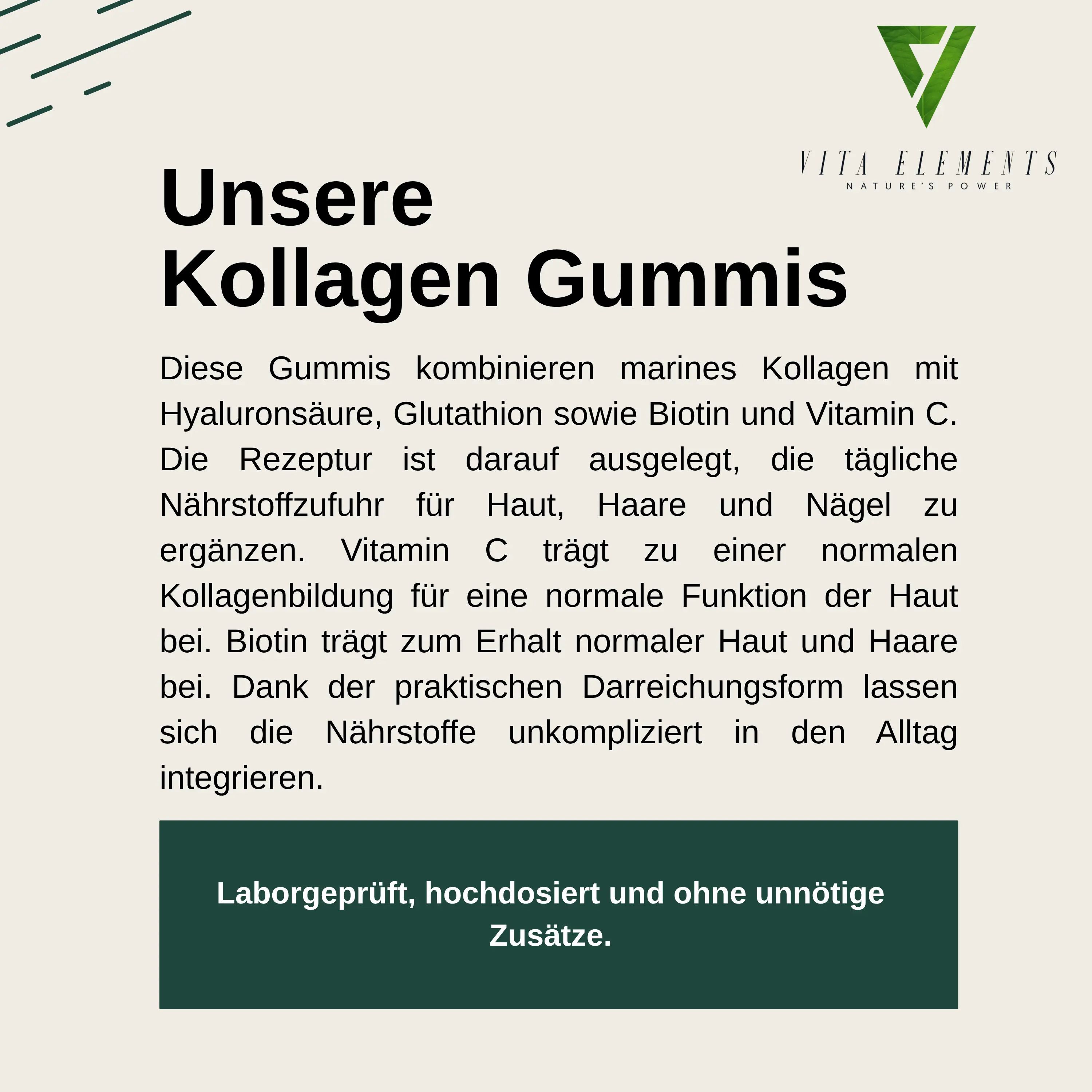 Flacone con caramelle gommose viola al collagene, sigilli "Testato in laboratorio in Germania" e "Senza additivi inutili".