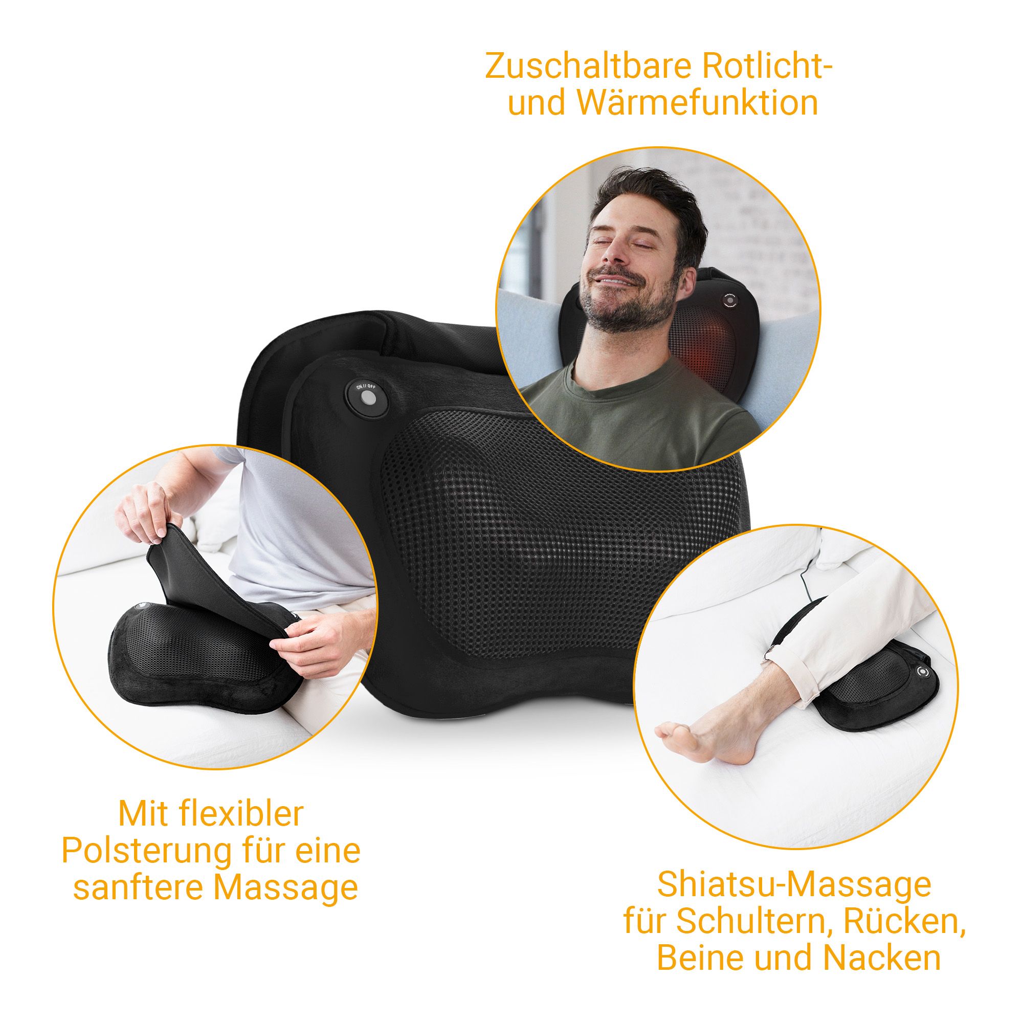 Cuscino massaggiante Shiatsu nero con funzioni: luce rossa, calore, imbottitura flessibile, per collo, schiena, gambe.
