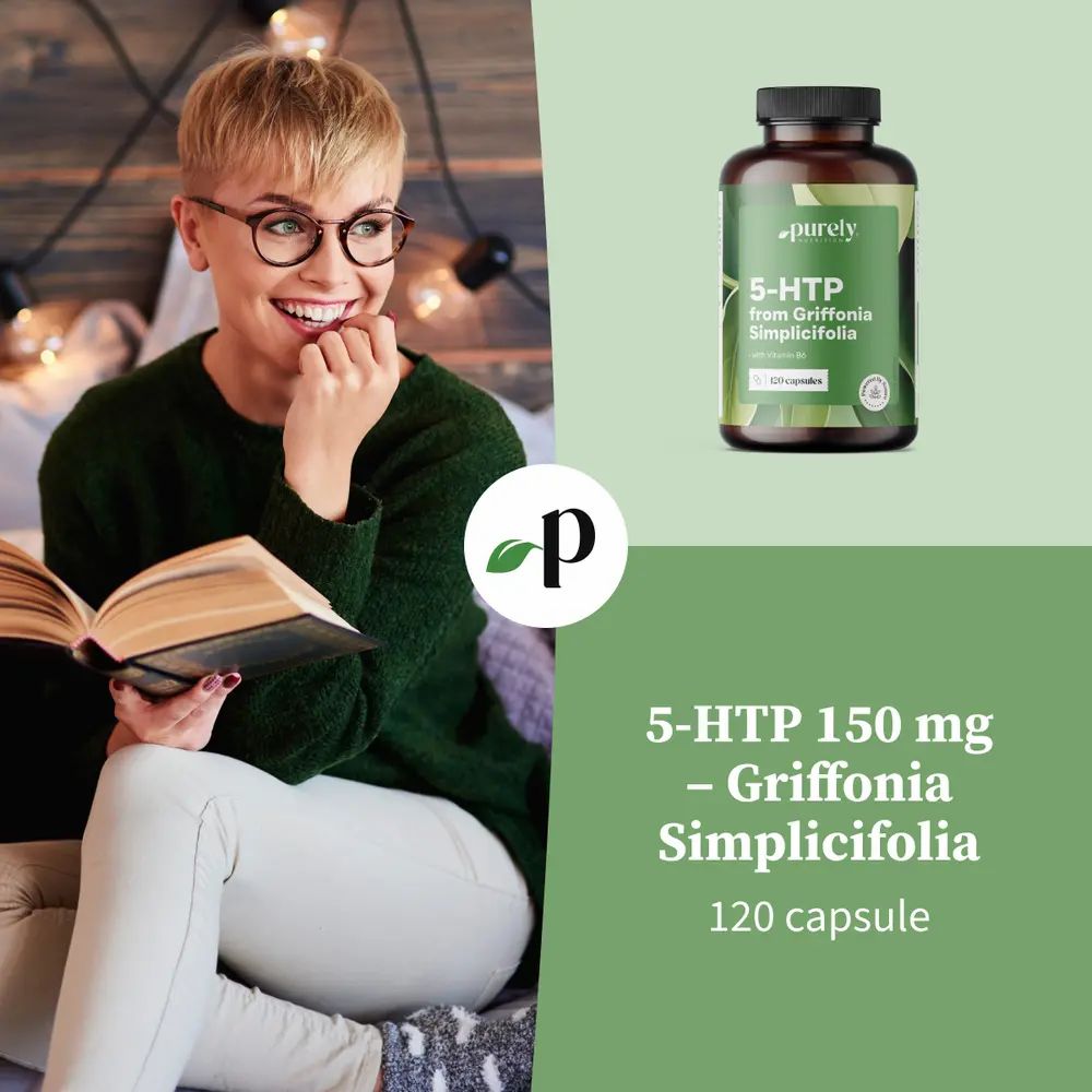Donna con occhiali legge libro. Accanto, flacone di 5-HTP. Testo: 5-HTP 150 mg – Griffonia Simplicifolia, 120 capsule.