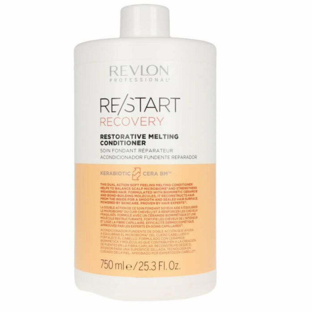 Flacone bianco con tappo. Scritta: Revlon Re/Start Recovery Restorative Melting Conditioner. 750 ml.