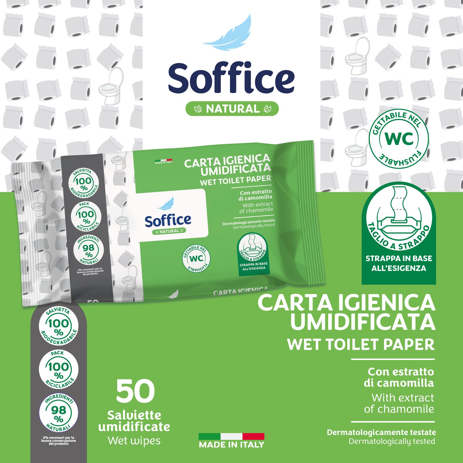 Confezione verde di carta igienica umidificata e 50 salviette. Testo: Carta Igienica Umidificata, Soffice Natural, simbolo WC, Made in Italy.
