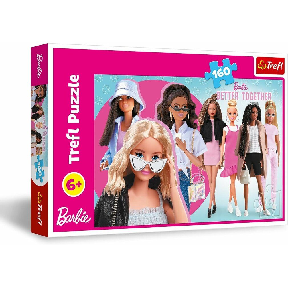 Puzzle Trefl Barbie, 160 pezzi. Confezione con motivo Barbie. Sei bambole Barbie. Età consigliata 6+. Logo Trefl e Barbie.