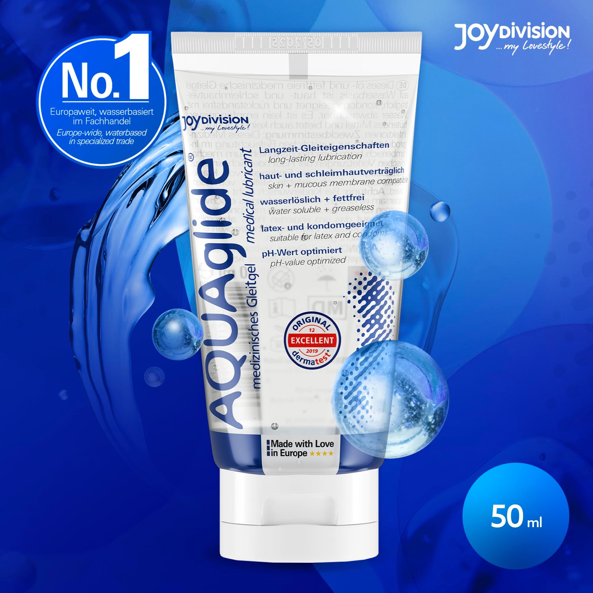 Tubo di gel lubrificante medicale AQUAGLIDE. "Made with Love in Europe".