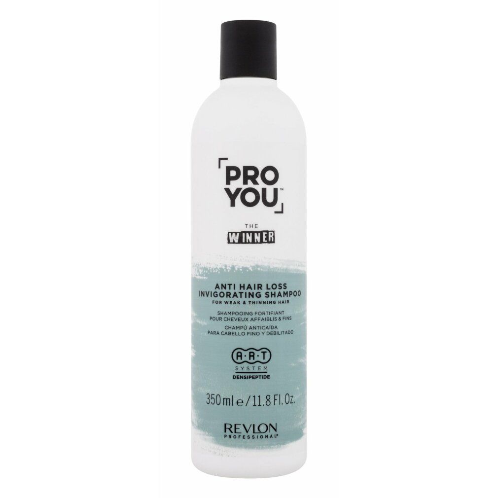 Flacone bianco con tappo nero. Scritta: PRO YOU, THE WINNER, shampoo anticaduta. Revlon Professional. 350ml.