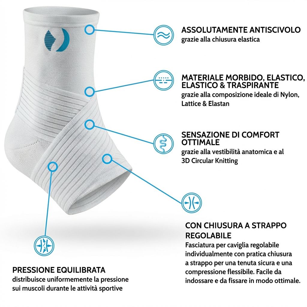 Tutore caviglia bianco con dettagli blu. Forma anatomica, materiale elastico. Chiusura in velcro.