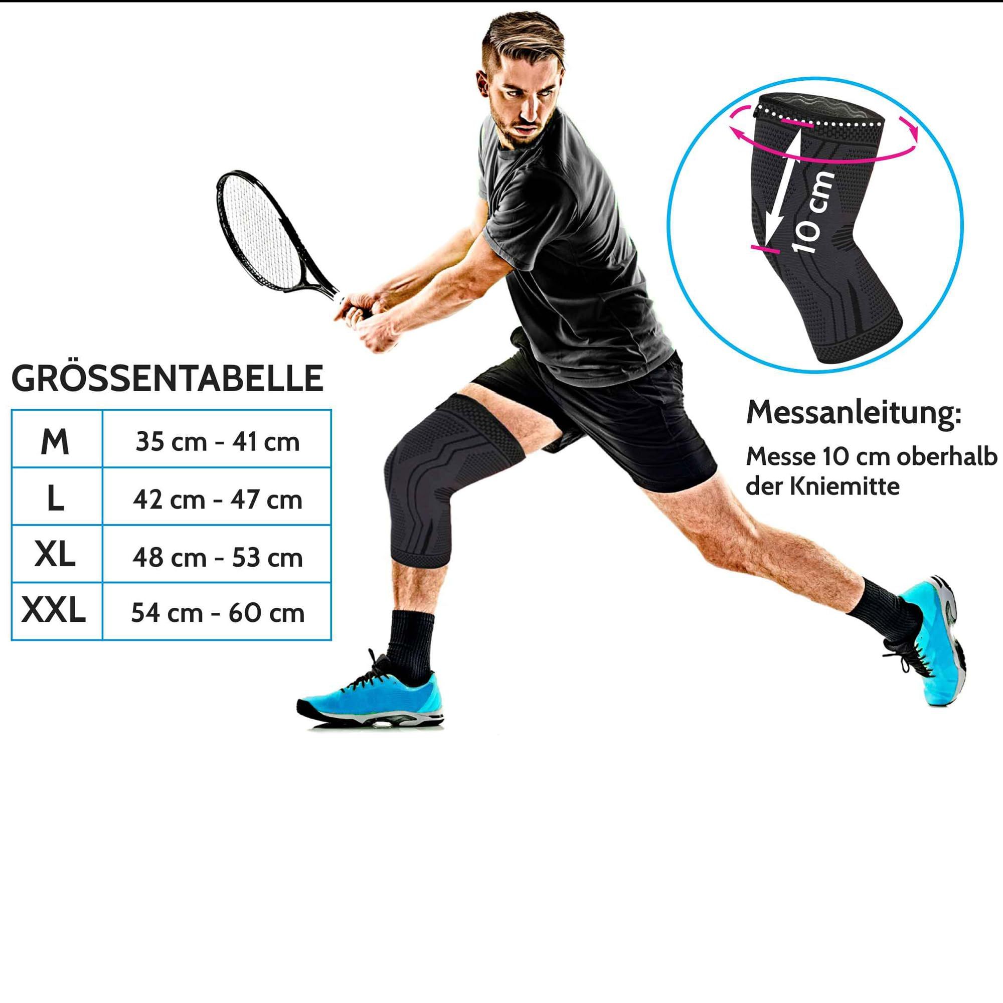 Uomo gioca a tennis con ginocchiera. Tabella taglie: M, L, XL, XXL. Misura: 10 cm sopra il ginocchio.