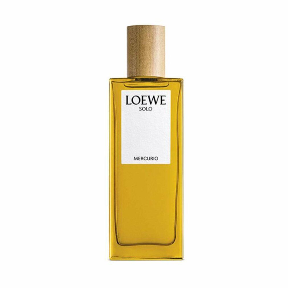 Flacone rettangolare con tappo in legno. Etichetta "LOEWE SOLO MERCURIO". Liquido giallo visibile.
