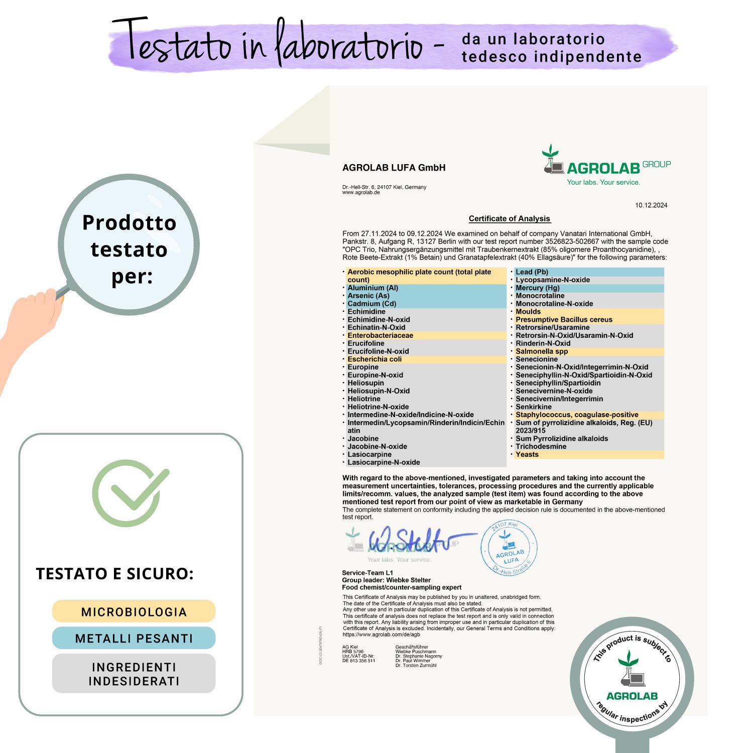 Certificato di Agrolab. Testato per: Microbiologia, metalli pesanti, sostanze indesiderate.