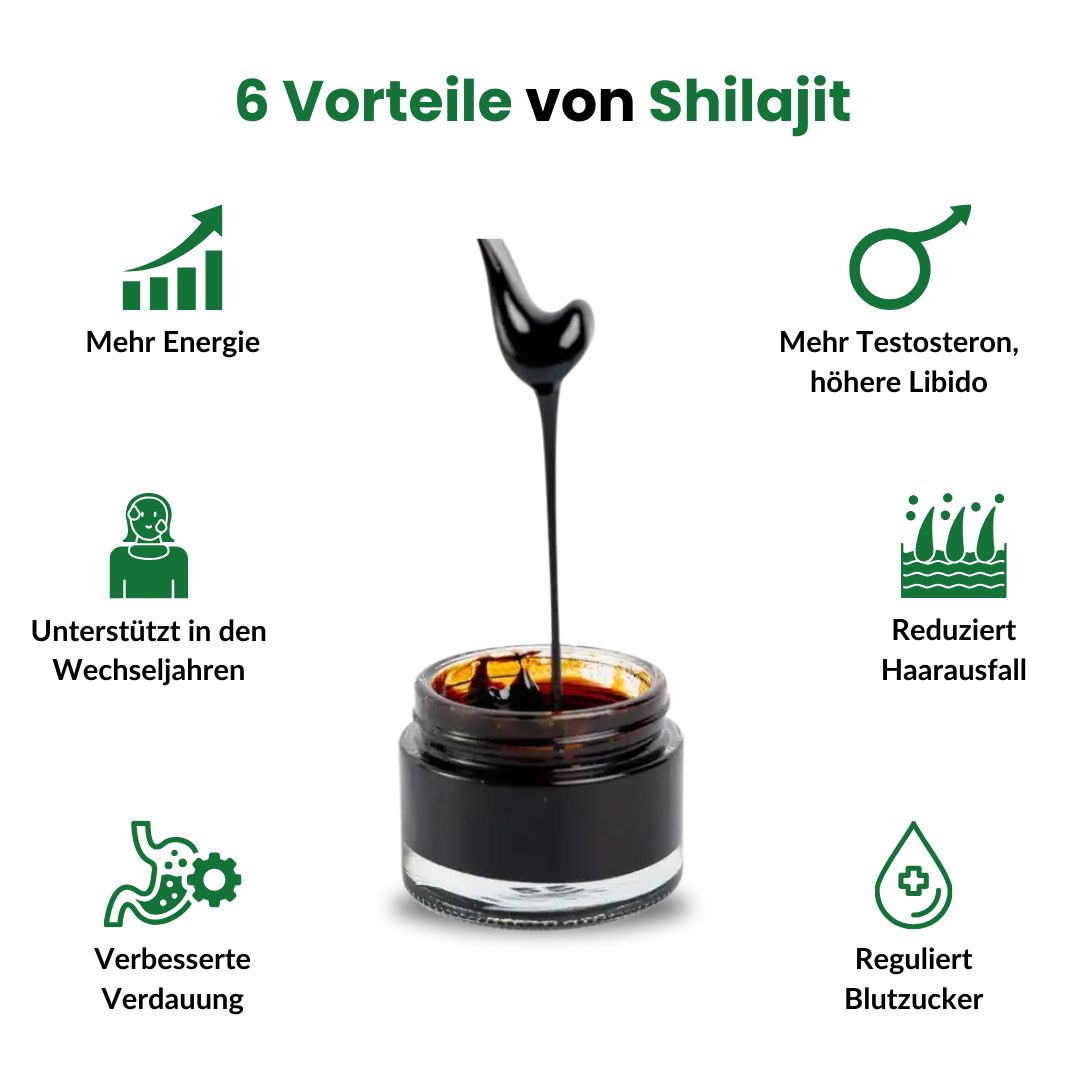 Bicchiere con resina di shilajit. 6 vantaggi: energia, testosterone, menopausa, libido, perdita di capelli, digestione, glicemia.