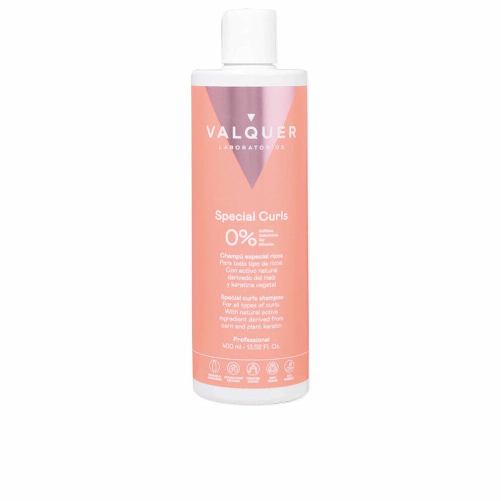 Flacone di shampoo Valquer Special Curls. Etichetta rosa con testo e logo. Tappo bianco. 0% ingredienti.