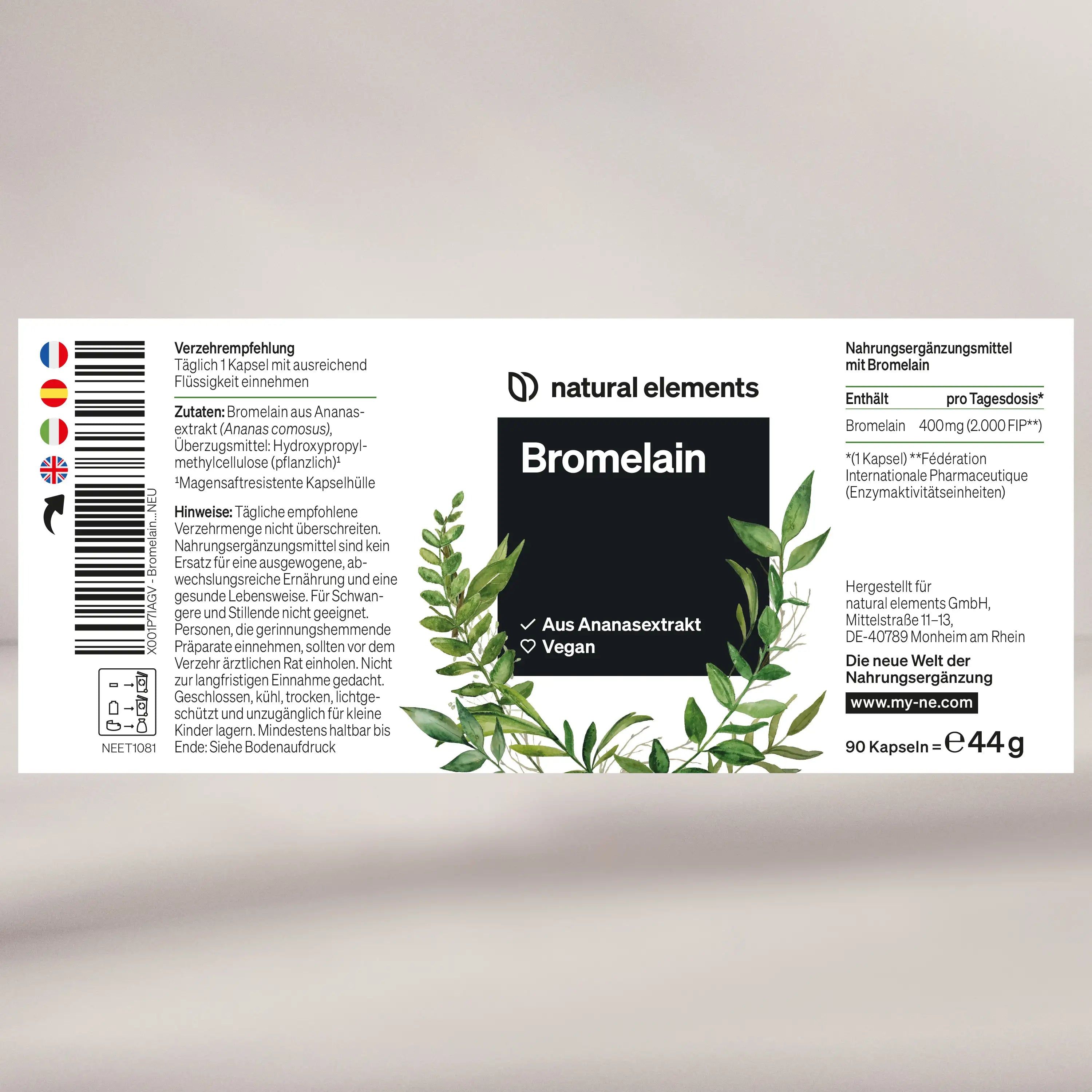 Confezione di capsule di bromelina. Contiene informazioni su ingredienti, dosaggio e produttore. Con logo e nome del prodotto.