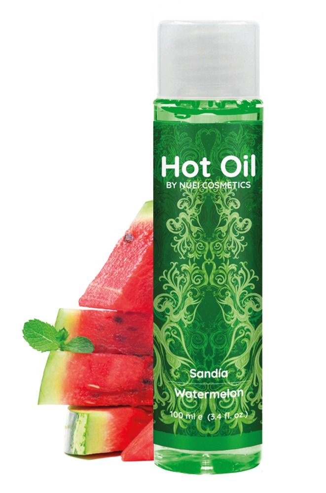 Flacone verde con tappo bianco, fette di anguria e menta. Scritta: Hot Oil, Sandía, Watermelon.