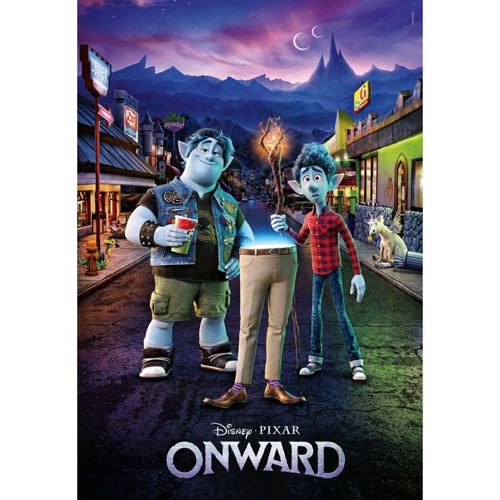 Motivo puzzle Onward. Due personaggi davanti a uno sfondo urbano. Logo Disney Pixar. Marchio Clementoni.
