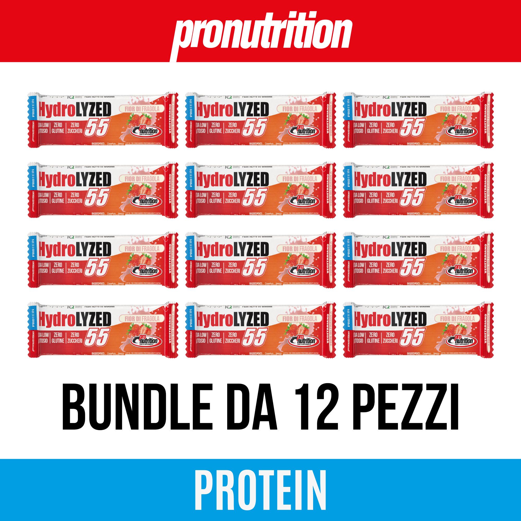 12 barrette proteiche rosse. Scritte: Hydrolyzed 55, Bundle da 12 pezzi, Protein.