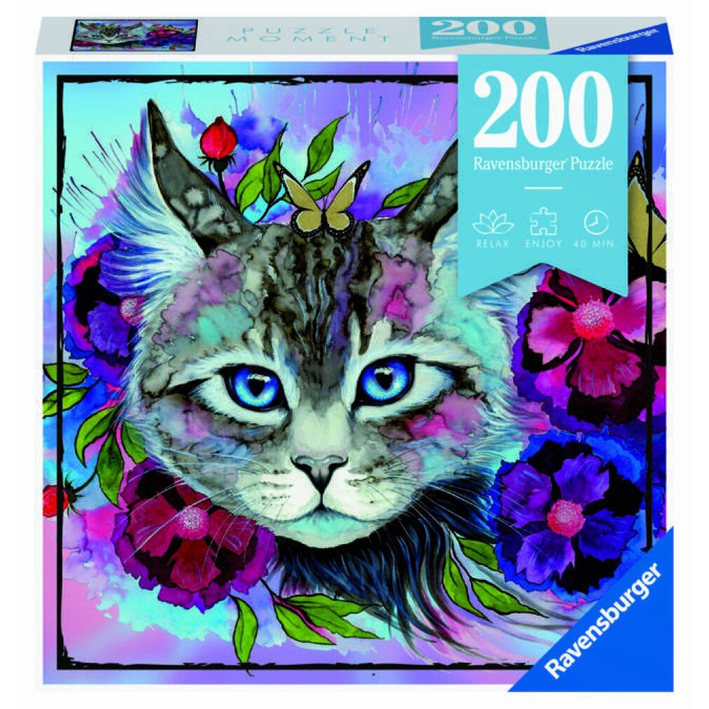 Puzzle Moment Katze 200 pezzi. Confezione con gatto, fiori e farfalla. Marchio Ravensburger.