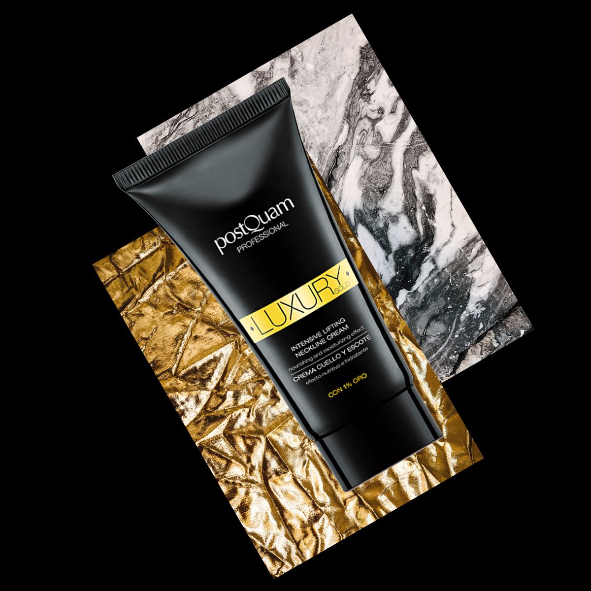 Tubo nero su sfondo dorato e marmorizzato. Testo: Postquam Professional, Luxury, Intensive Lifting Neckline Cream, 1% Gold.