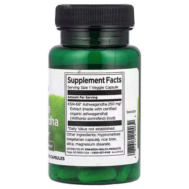 Retro del flacone verde. Etichetta con informazioni nutrizionali, ingredienti e "SWANSON Health Products".