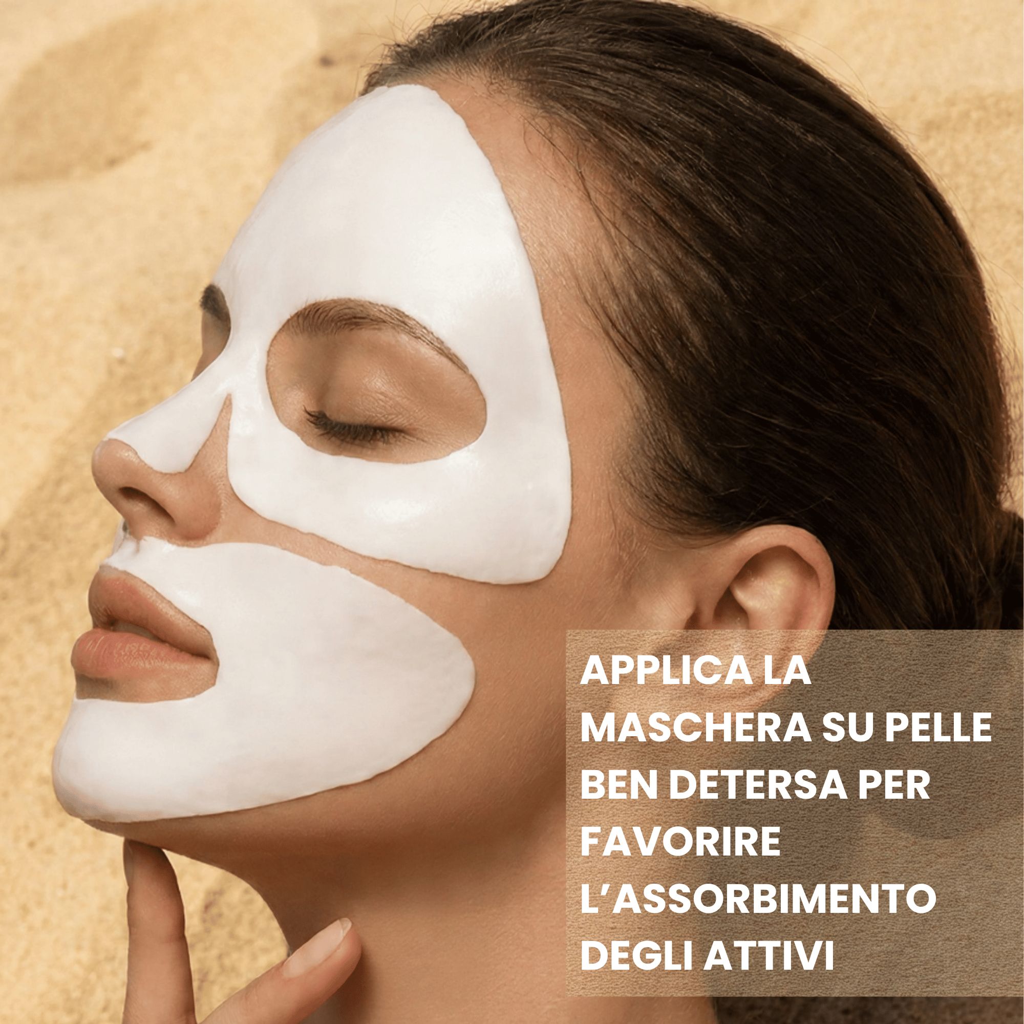 Donna con maschera facciale bianca applicata, occhi e bocca scoperti. Cura della pelle.
