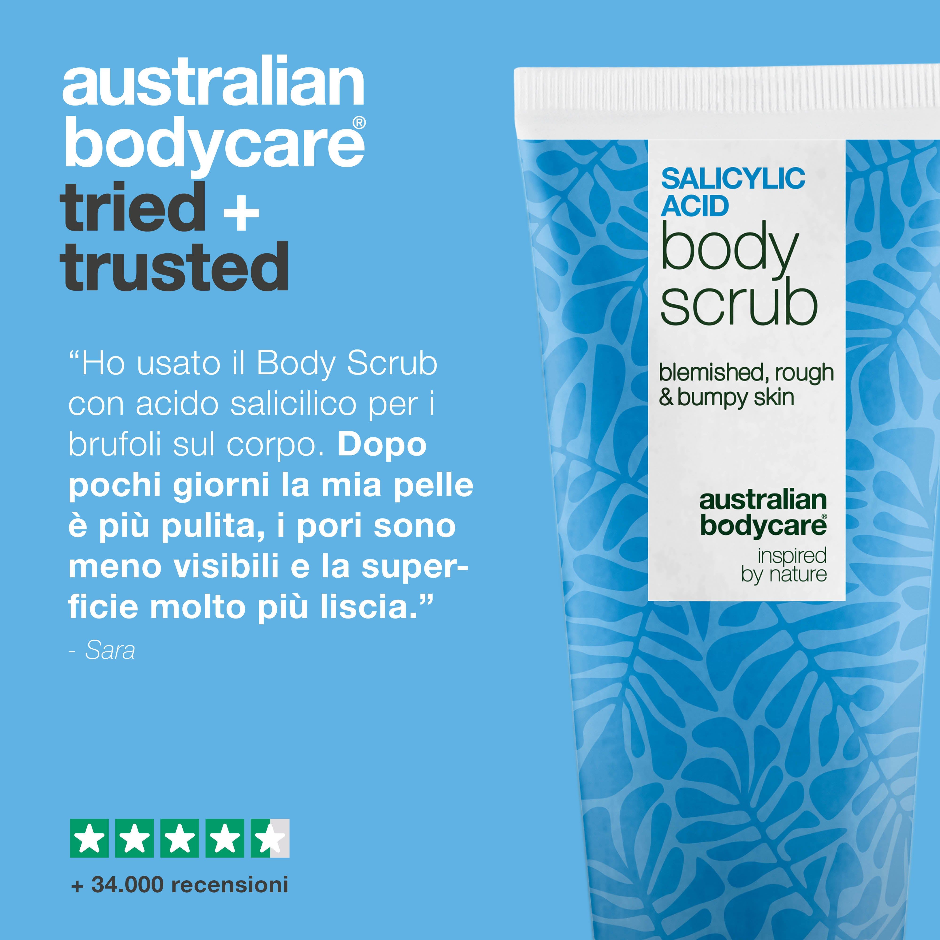 Tubo del prodotto con testo: Salicylsäure Body Scrub. Marchio: Australian Bodycare. Testo: tried + trusted. Valutazione a stelle.