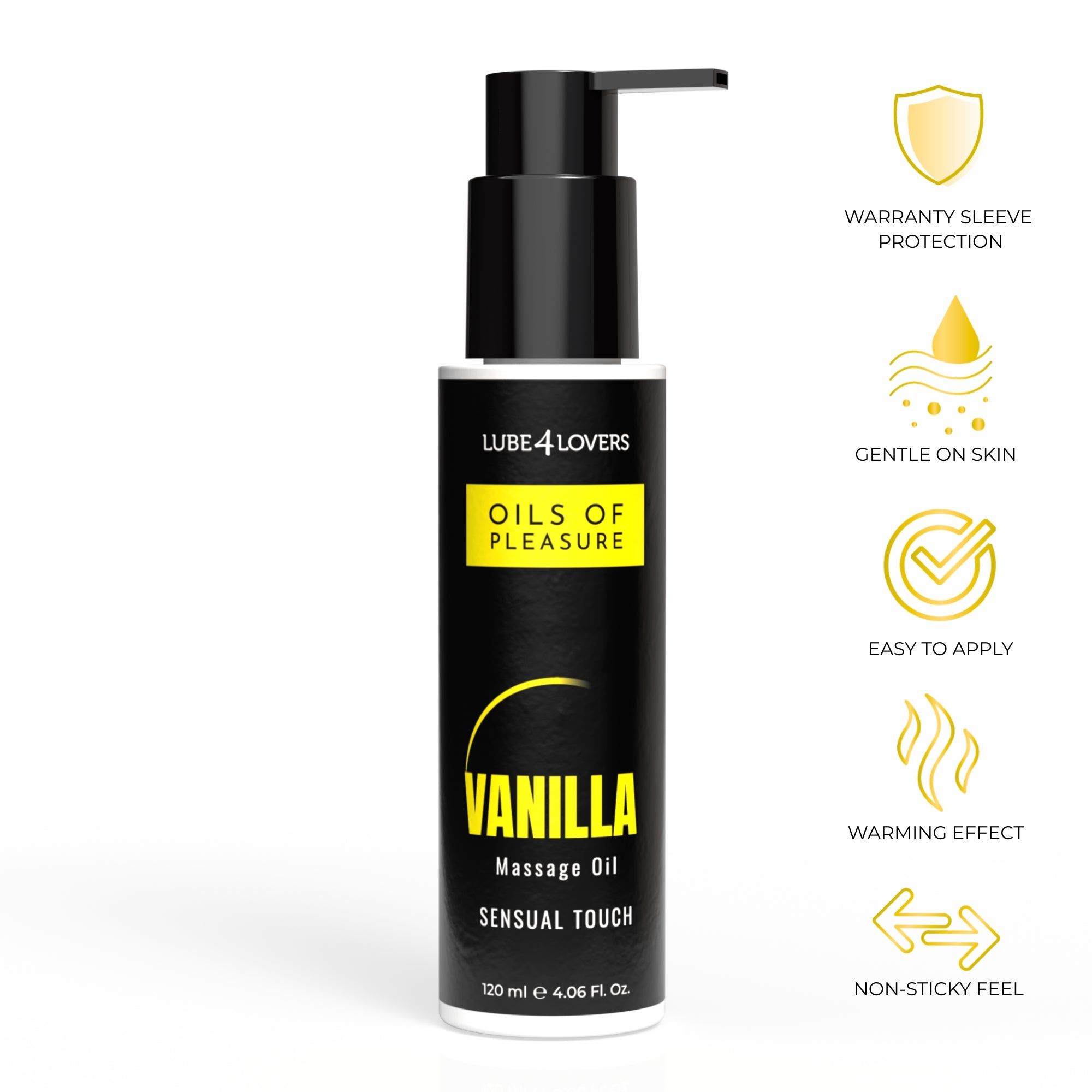 Flacone nero con dosatore. Scritte: Lube4Lovers, Oils of Pleasure, Vanilla Massage Oil, Sensual Touch. Simboli: delicato, facile applicazione.