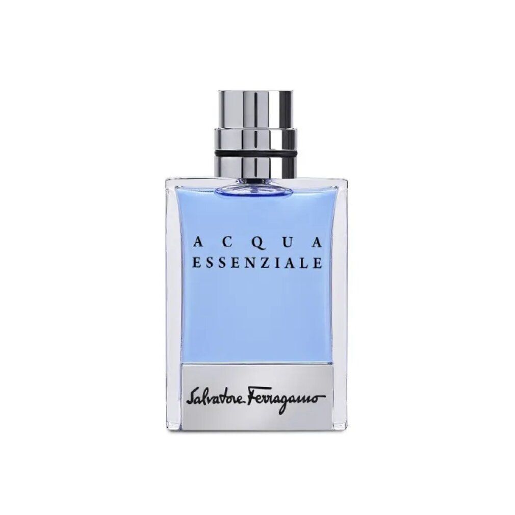Eau de toilette azzurra in flacone quadrato con tappo argentato. Scritta: Acqua Essenziale, Salvatore Ferragamo.