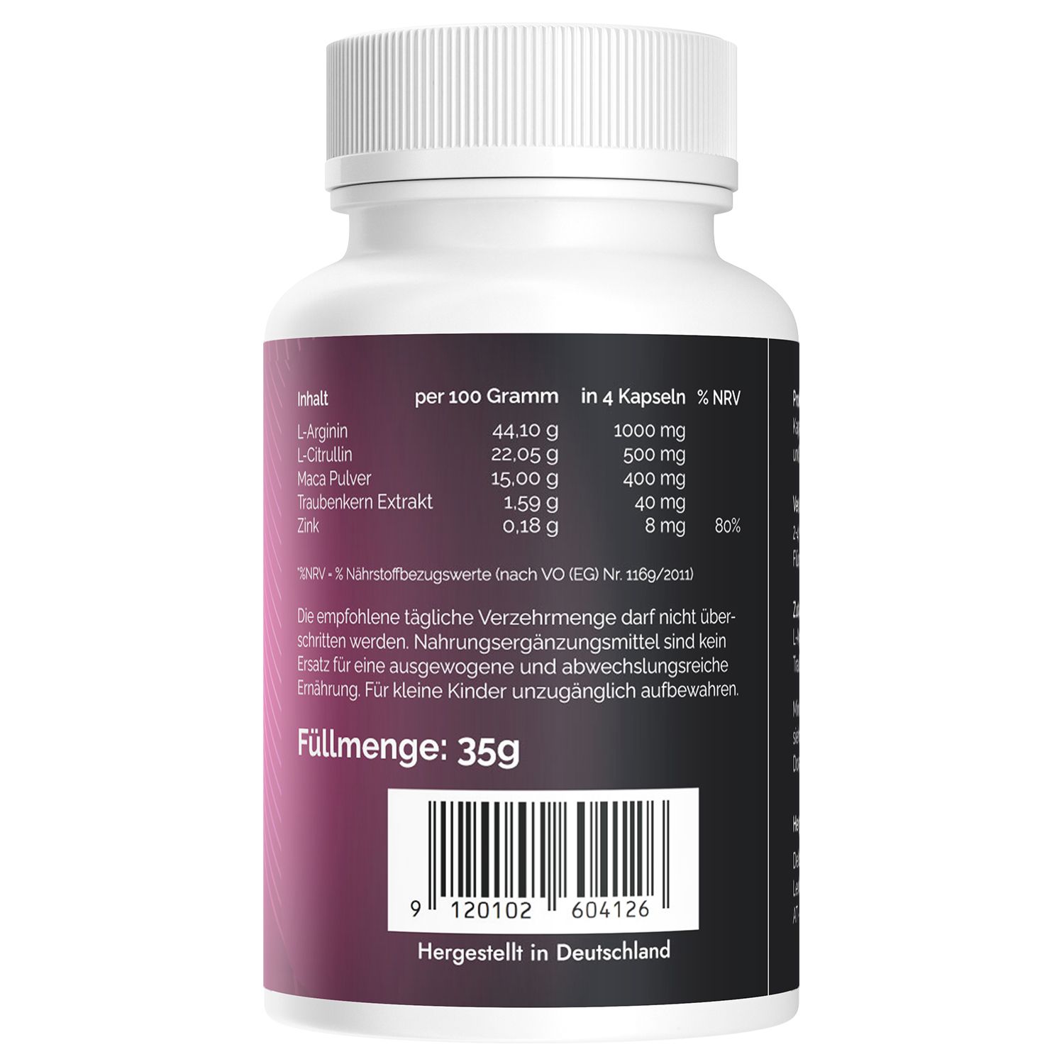 Retro di una bottiglia di Peach Booty Booster. Mostra informazioni nutrizionali e contenuto netto 35g.