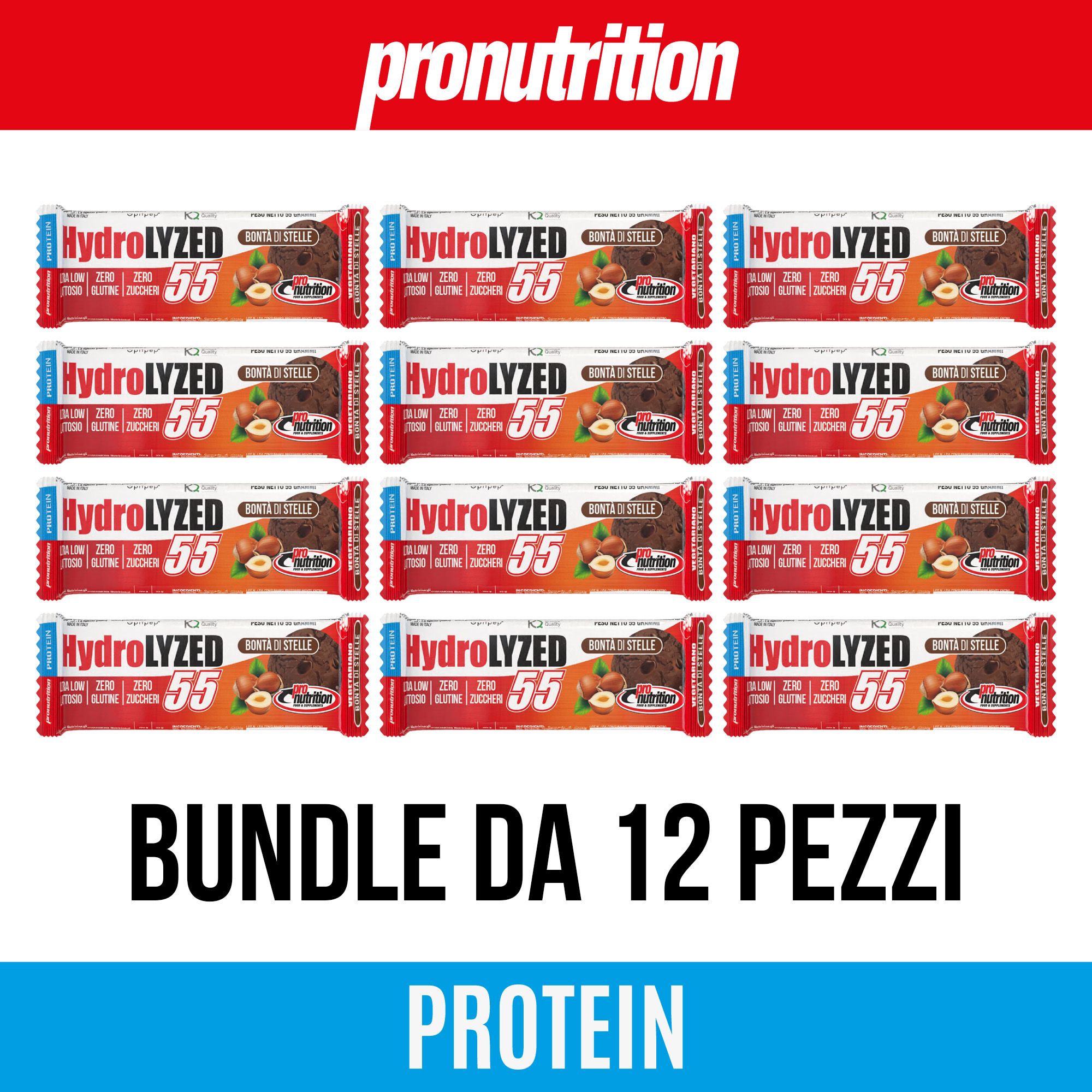 Confezione da 12 barrette proteiche. Barrette con scritta Hydrolyzed 55. Confezione rossa e blu con nome del prodotto.