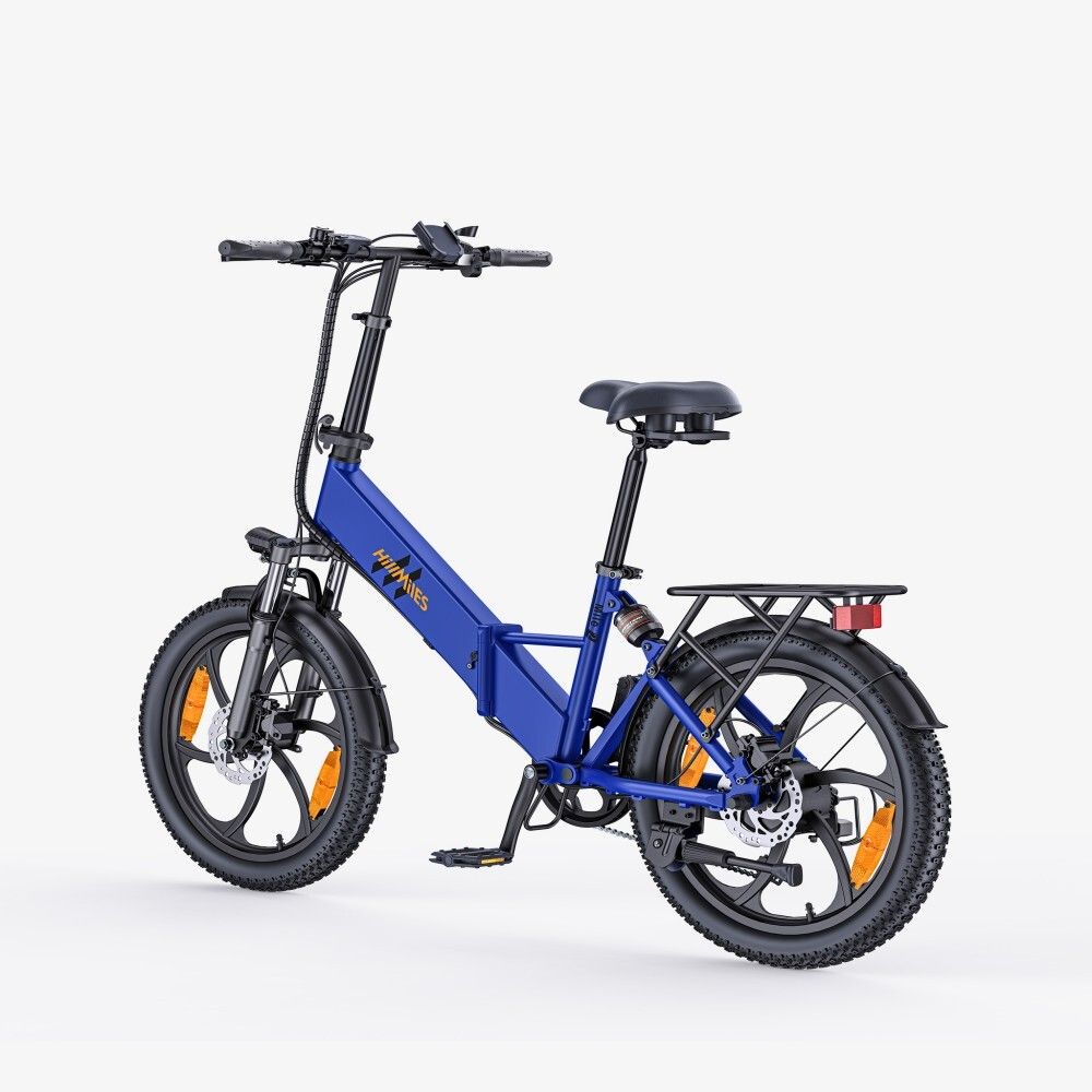 Bicicletta elettrica blu con pneumatici neri, portapacchi. Marchio HillMiles.