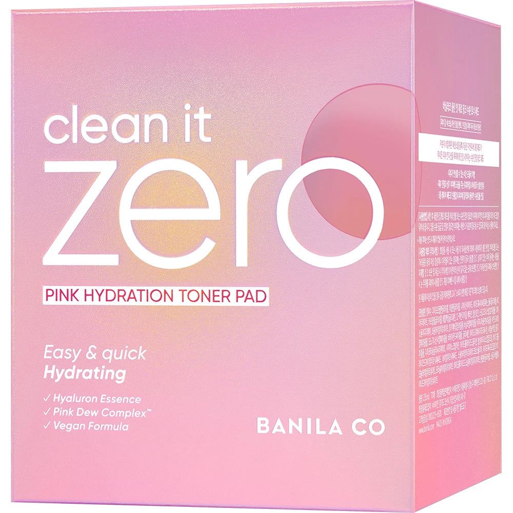 Confezione rosa con "Clean it Zero Pink Hydration Toner Pad". Testo: BANILA CO.