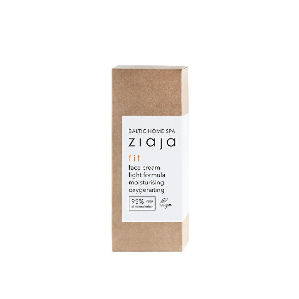 Confezione in cartone con scritta: ZIAJA fit face cream light formula. 95% ingredienti naturali. Sigillo vegano.