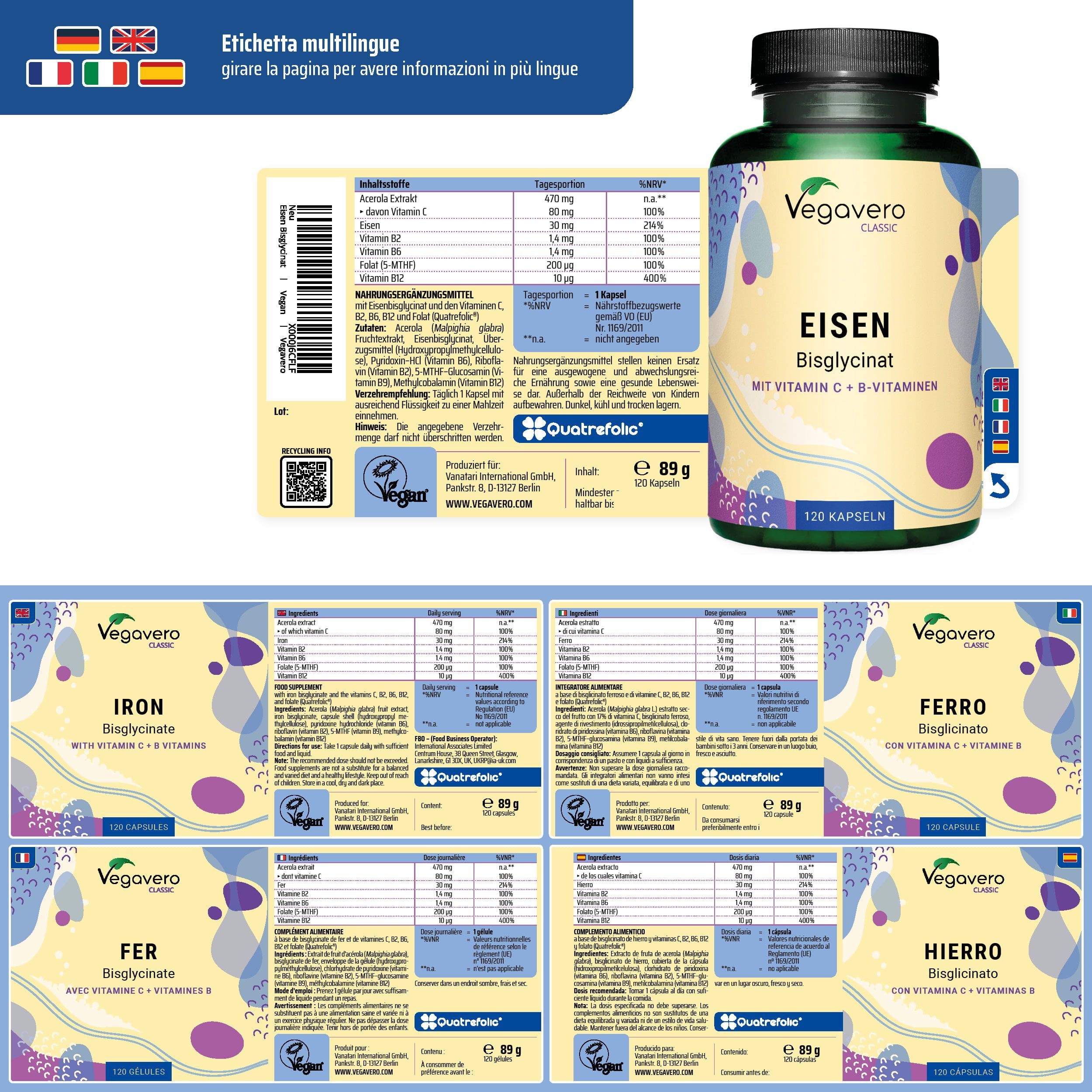 Etichetta prodotto multilingue. Flacone di capsule. Marchio: Vegavero.